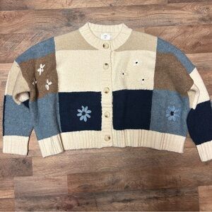 luna ivy patchwork flower embroidered knit button up cardigan